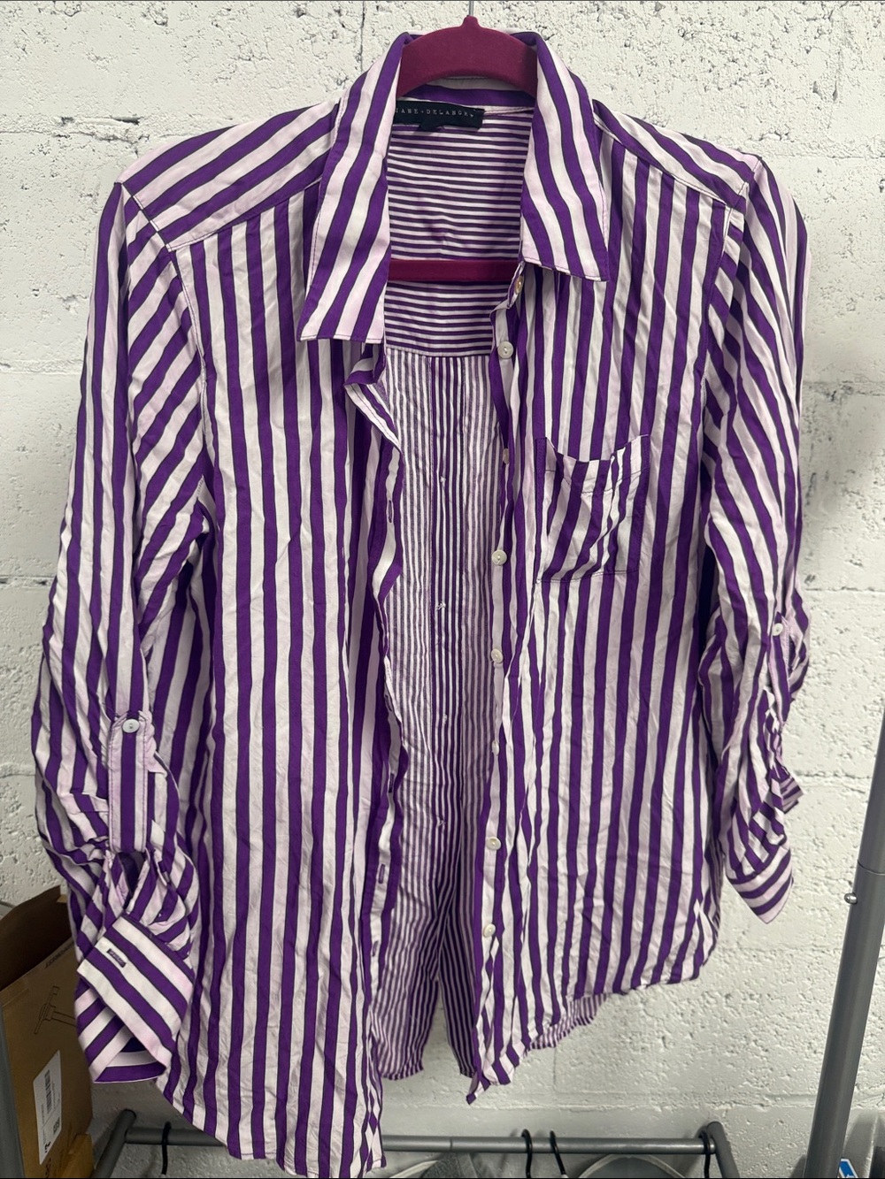 Purple and White Striped Button Down JANE DELANCEY Size Large
